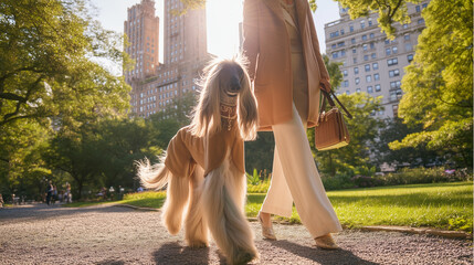 A stylish woman walks an elegant Afghan hound through a sunlit urban park, exhibiting fashion and elegance with a cityscape background. Image made using Generative AI.