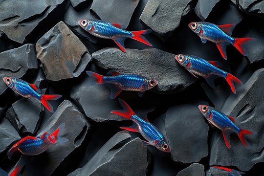 A school of Ruby tetras swimming in an aquarium, surrounded by dark grey stones, creating a vivid contrast.