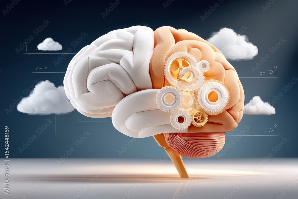 Poster conceptual brain displaying interconnected gears representing thought processes and intellect