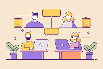 Remote office collaboration, people avatars working with laptops and chat bubbles, business communication, project management, professional interaction, virtual workplace.