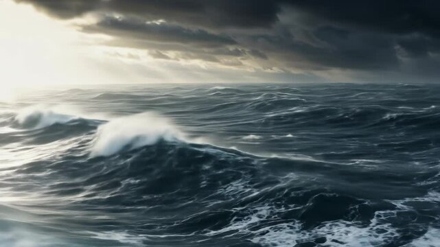 Stormy ocean with powerful waves under dark clouds  