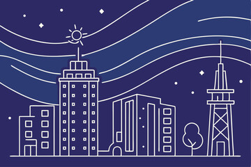Obraz premium City night scene, white line art, buildings, stars, moon, vector illustration for urban or night - theme designs.