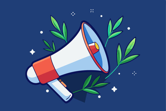 Megaphone with green leaves, communication or announcement concept, public message, eco - theme, vector illustration for promotion or activism.