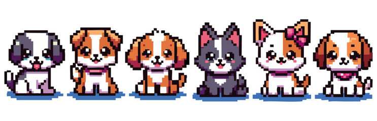 A row of six pixel art style cartoon puppies sitting and smiling.