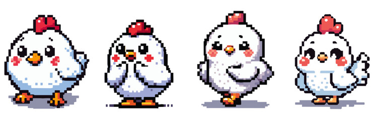 Fototapeta premium Cute pixel art chickens in various poses.