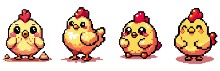 Four adorable pixel art baby chicks in various poses, one chick even made a little poop.