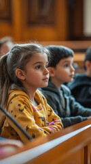 A hopeful young girl with glasses listens intently during a children's parliament session, her expression full of curiosity and engagement