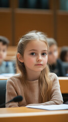 A focused young girl gives testimony, speaking seriously into a microphone during a children's parliamentary hearing or conference