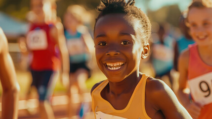 A joyful African American boy in an orange jersey smiles brightly during a sunny school sports day or mini-Olympics, with other diverse children in the background