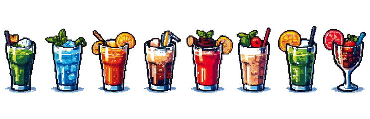 Pixelated illustration showcasing a variety of colorful cocktails with garnishes and ice.