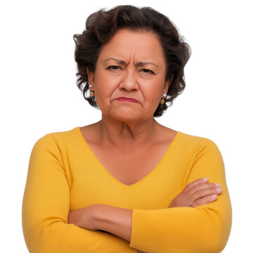 Senior Hispanic woman with angry and frustrated expression and arms crossed, wearing yellow top, isolated on white or transparent background