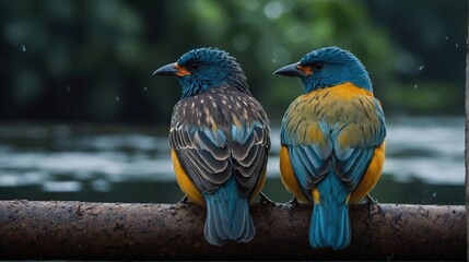 Pair of Colorful Birds Resting on a Rusty Metal Railing near a Blurred Lake