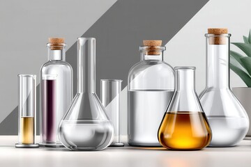 Glass laboratory equipment with colored liquids arranged neatly on a surface