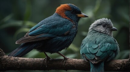 Exotic Bird Pair Perched on Branch with Plumage in Shaded Forest