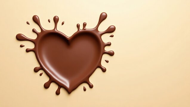 Heart shaped melted chocolate splash on beige background