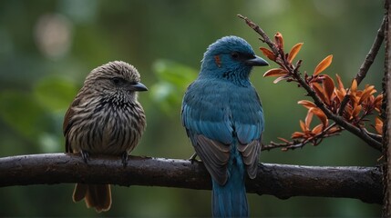 Two Birds Perched on Branch with Orange Flowers in Natural Habitat