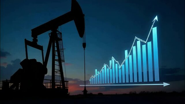 An oil pump jack extracts crude oil from the ground under industrial lights. Behind it, a glowing holographic chart projects upward-trending oil prices, symbolizing growth and a positive outlook