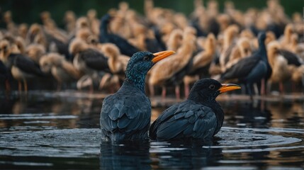 Starling Murmuration: Two Birds in Water with Congregation Background