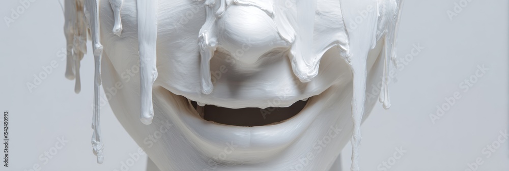 Poster distorted smile sculpture with melting face details showcasing unique artistic expression in modern 
