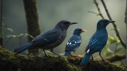 Three Birds Perched on a Mossy Branch in a Forest Setting