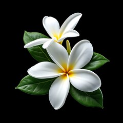 Fototapeta premium White plumeria flowers with green leaves on black background 