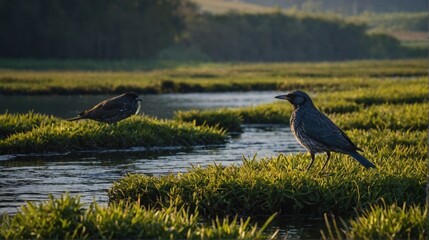 Two Birds Stand on Grassy Islands in a Shallow Stream at Golden Hour