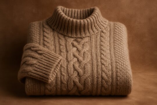 Elegant woolen cable knit sweater, folded neatly, showcases intricate design and cozy texture, perfect for autumn and winter wardrobe essentials for warm, stylish comfort.