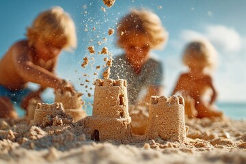 Children building sandcastles on a sunny beach with playful enthusiasm and creativity