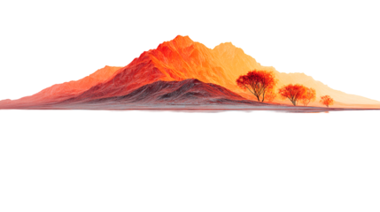Illustration showing mountains with orange and red hues and trees on a horizon line landscape view on transparent background