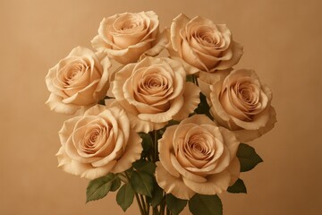 Obraz premium A delicate bouquet of peach-colored roses in full bloom, showcasing their intricate petal arrangements and soft textures against a matching background.