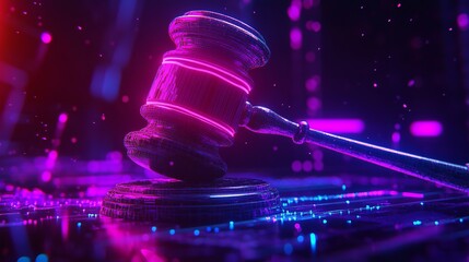 A neon gavel resting on a digital surface with pink and blue lighting and dark background elements