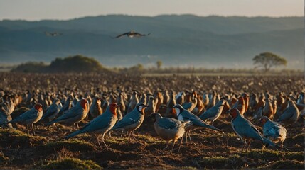 Large Flock of Birds Gather on Grassy Ground with Distant Hills