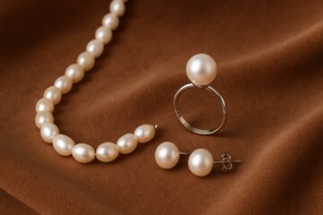 Elegant pearl jewelry set on a luxurious brown velvet surface, showcasing a necklace, ring, and earrings with a soft, sophisticated glow and classic appeal.