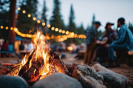 Gathering with friends around a firepit under twinkling lights at dusk in the outdoors - Powered by Adobe