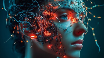 Close up of a cyborg woman with glowing red circuitry and wires connected to her face and head area