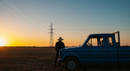 A lone figure stands by a blue pickup truck, silhouetted against the setting sun and a distant power line tower.