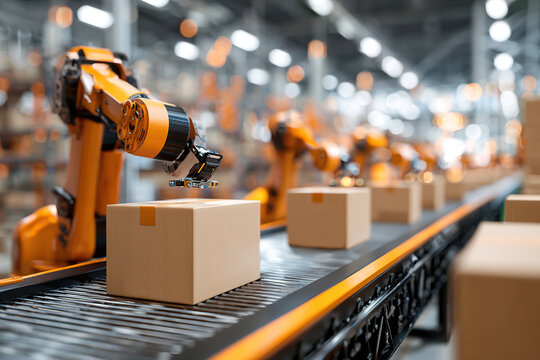 Automated robotic arms sorting packages on a conveyor belt in a modern warehouse environment