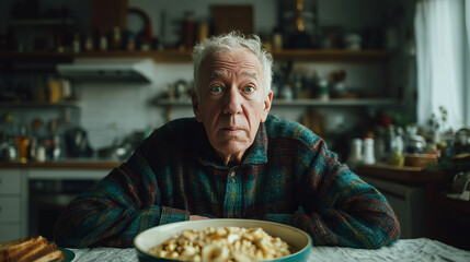 An elderly man looks confused at a breakfast table, pondering his cereal choice while in a cozy kitchen setting.