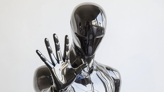 A shiny black mannequin with a smooth head and hand raised against a white background in a studio