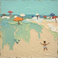 Beach Scene with Figures and Umbrellas in Impasto Style