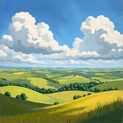 Summer Landscape with Rolling Hills and Cumulus Clouds