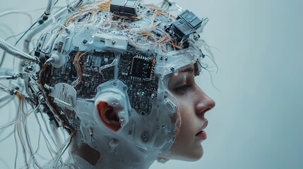 A close up of a woman with a futuristic device covering her head and face with wires and circuits