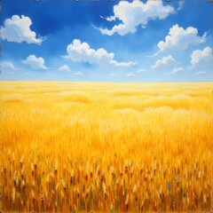 Oil Painting of Wheat Field and Blue Sky