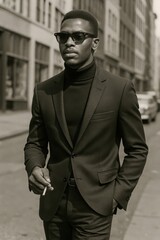 Young Black man wearing dark suit and turtleneck walking on urban street with cigarette in hand. Monochrome photo reflecting classic midcentury fashion and mood