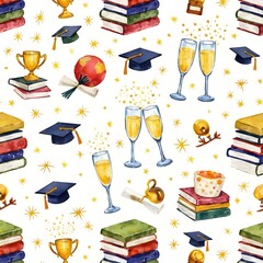 Watercolor Graduation Celebration Pattern: Books, Caps, and Champagne