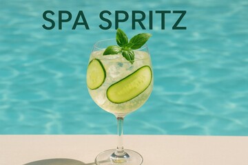 Glass of spa spritz cocktail with cucumber slices and basil served over ice by a swimming pool. Bright outdoor scene suggests freshness, summer, and relaxation