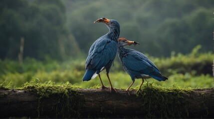 Two Whistling Herons Standing Together on a Mossy Log Holding Prey