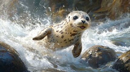 Seal pup splashes in ocean waves