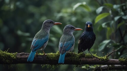 Group of birds perched on mossy branch in forest environment