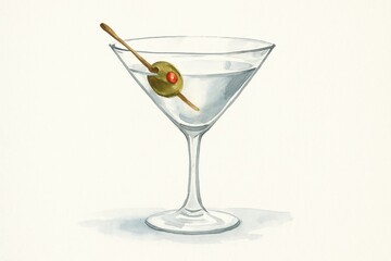 Classic martini glass with single olive on toothpick against plain white background